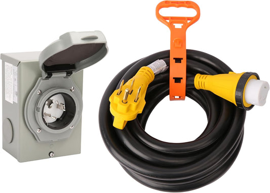 50A Generator Cord + Inlet Box Combo – 15 ft, NEMA SS2-50R/14-50P with Locking Connector, and Organizer