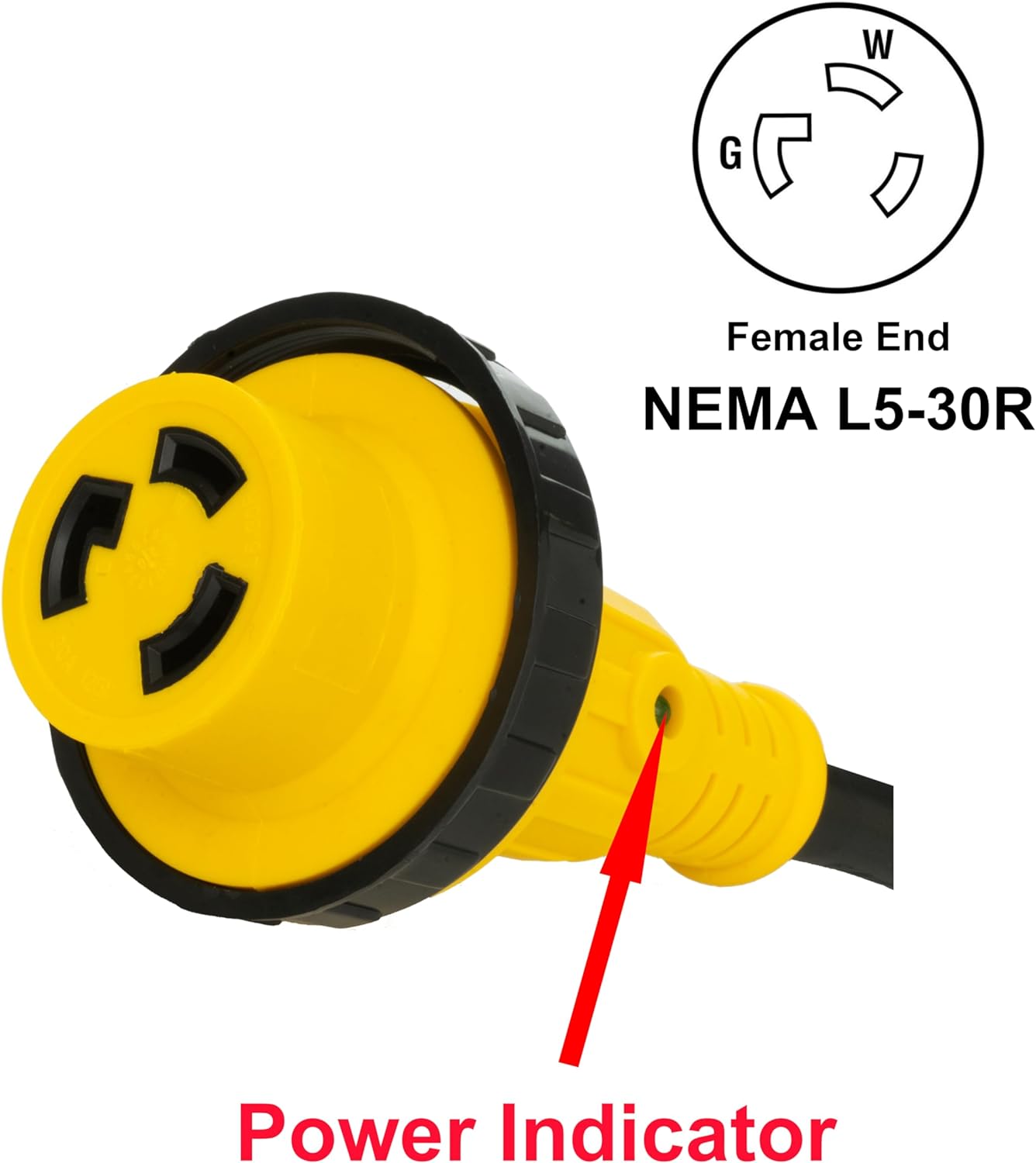 Rallonge pour VR 30A – 50 pi, NEMA L5-30R vers TT-30P avec indicateur LED, poignée, adaptateur 15A–30A et organisateur