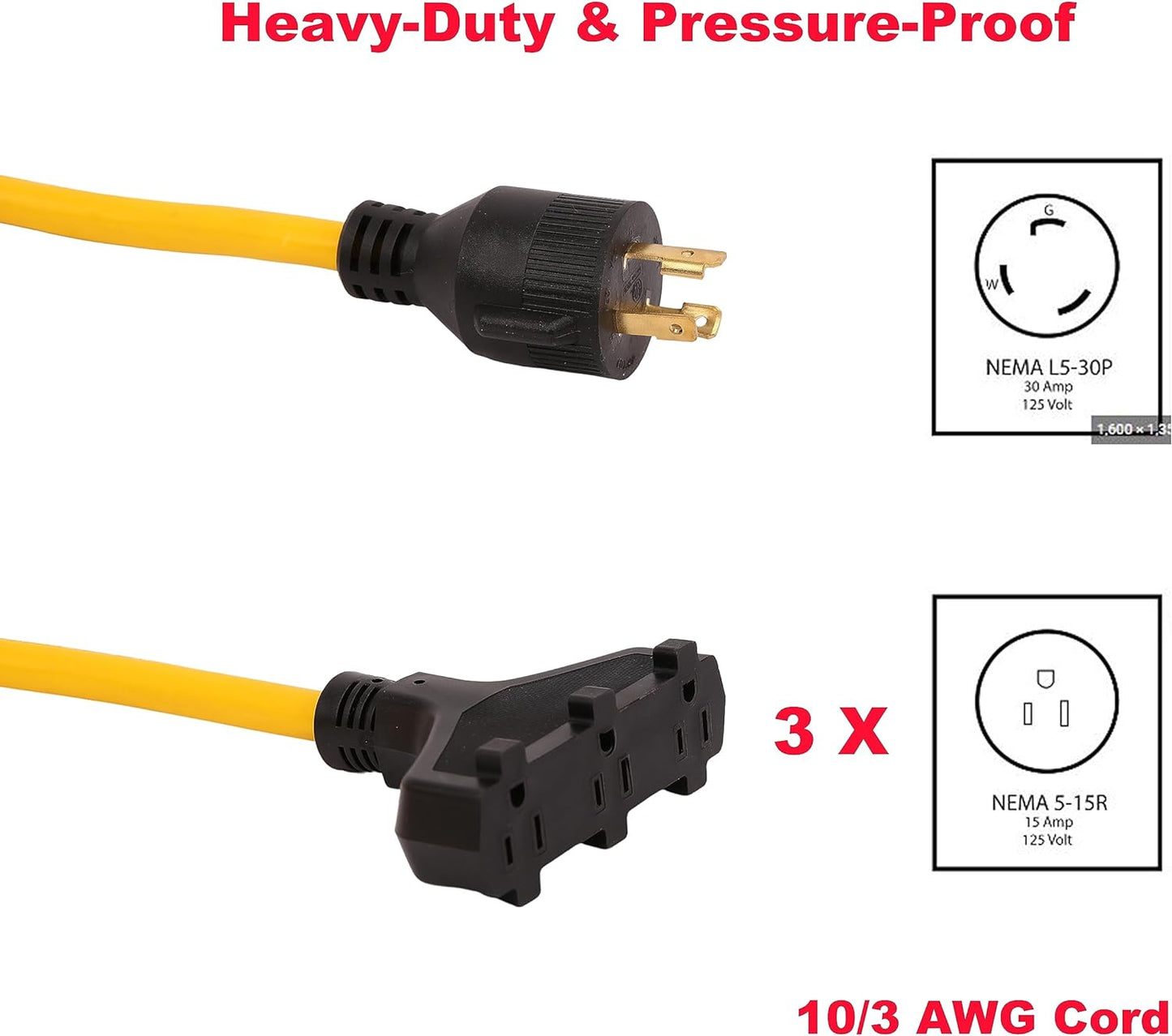Rallonge pour génératrice 30A – 25 pi, NEMA L5-30P vers 3×5-15R avec organisateur