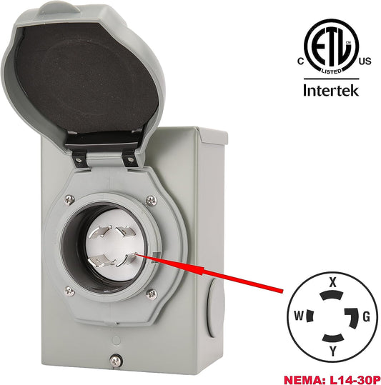 30 Amp Generator Power Inlet Box - Outdoor & Weatherproof, NEMA L14-30P