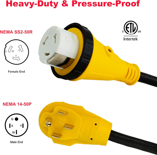 Cordon d'extension 50A pour camping-car et générateur – 7,6 m (25 pieds), NEMA SS2-50R à 14-50P avec adaptateur 30A-50A et organiseur