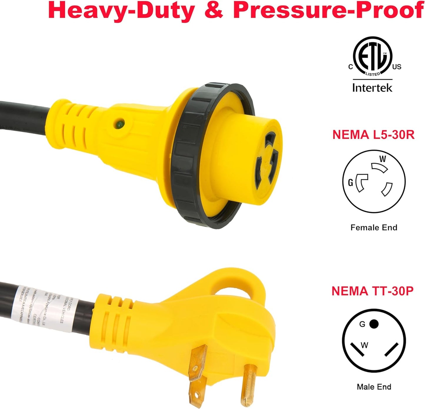 Rallonge pour VR 30A – 50 pi, NEMA L5-30R vers TT-30P avec indicateur LED, poignée, adaptateur 15A–30A et organisateur