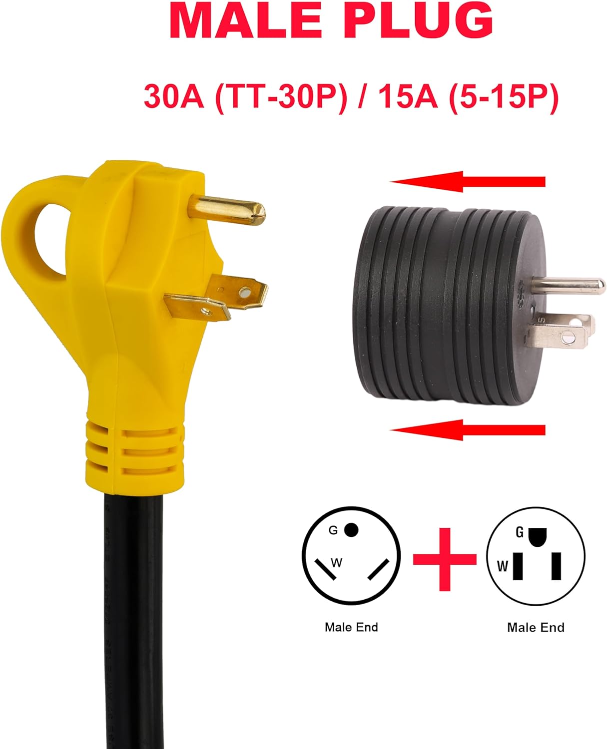 Rallonge pour VR 30A – 50 pi, NEMA L5-30R vers TT-30P avec indicateur LED, poignée, adaptateur 15A–30A et organisateur