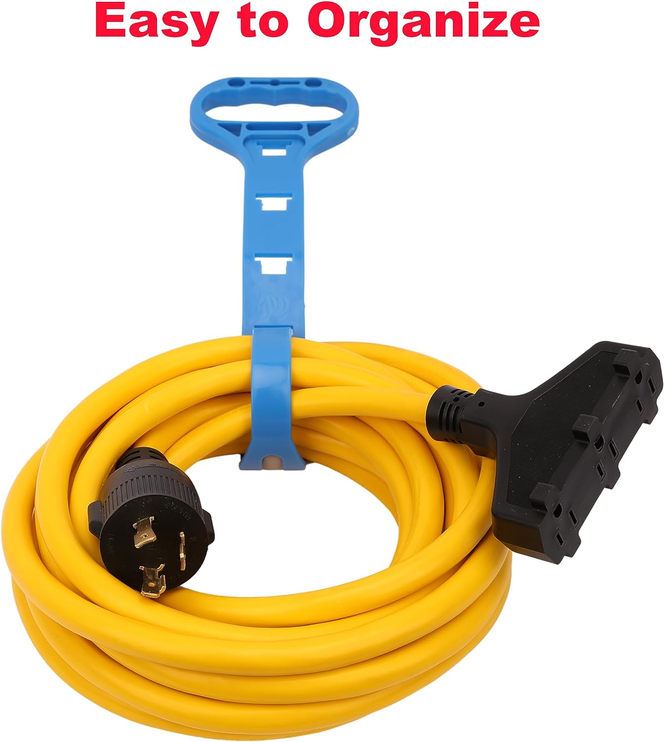 Rallonge pour génératrice 30A – 25 pi, NEMA L5-30P vers 3×5-15R avec organisateur