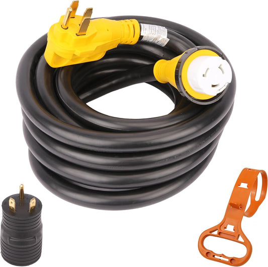 Cordon d'extension 50A pour camping-car et générateur – 7,6 m (25 pieds), NEMA SS2-50R à 14-50P avec adaptateur 30A-50A et organiseur