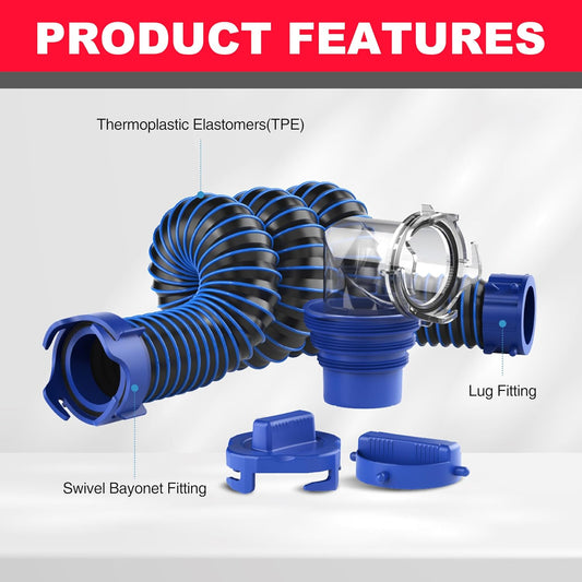 20FT RV Sewer Hose Kit - Dual 10FT Hoses with Clear Elbow & Storage Caps