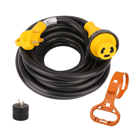 Rallonge pour VR 30A – 25 pi, NEMA L5-30R vers TT-30P avec indicateur LED, poignée, adaptateur 15A–30A et organisateur
