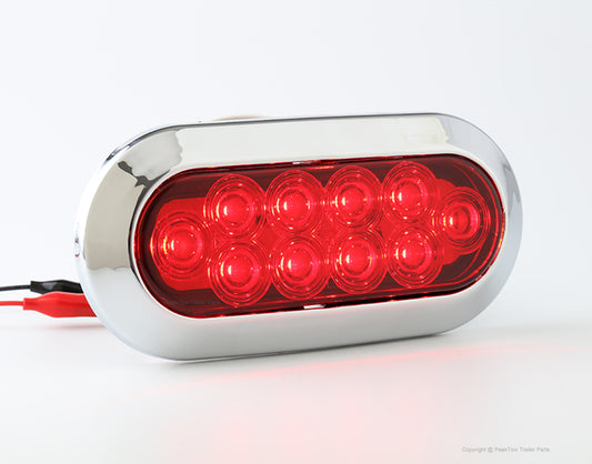 6" Red Oval LED Trailer Lights – Submersible, Chrome Trim (Pair)