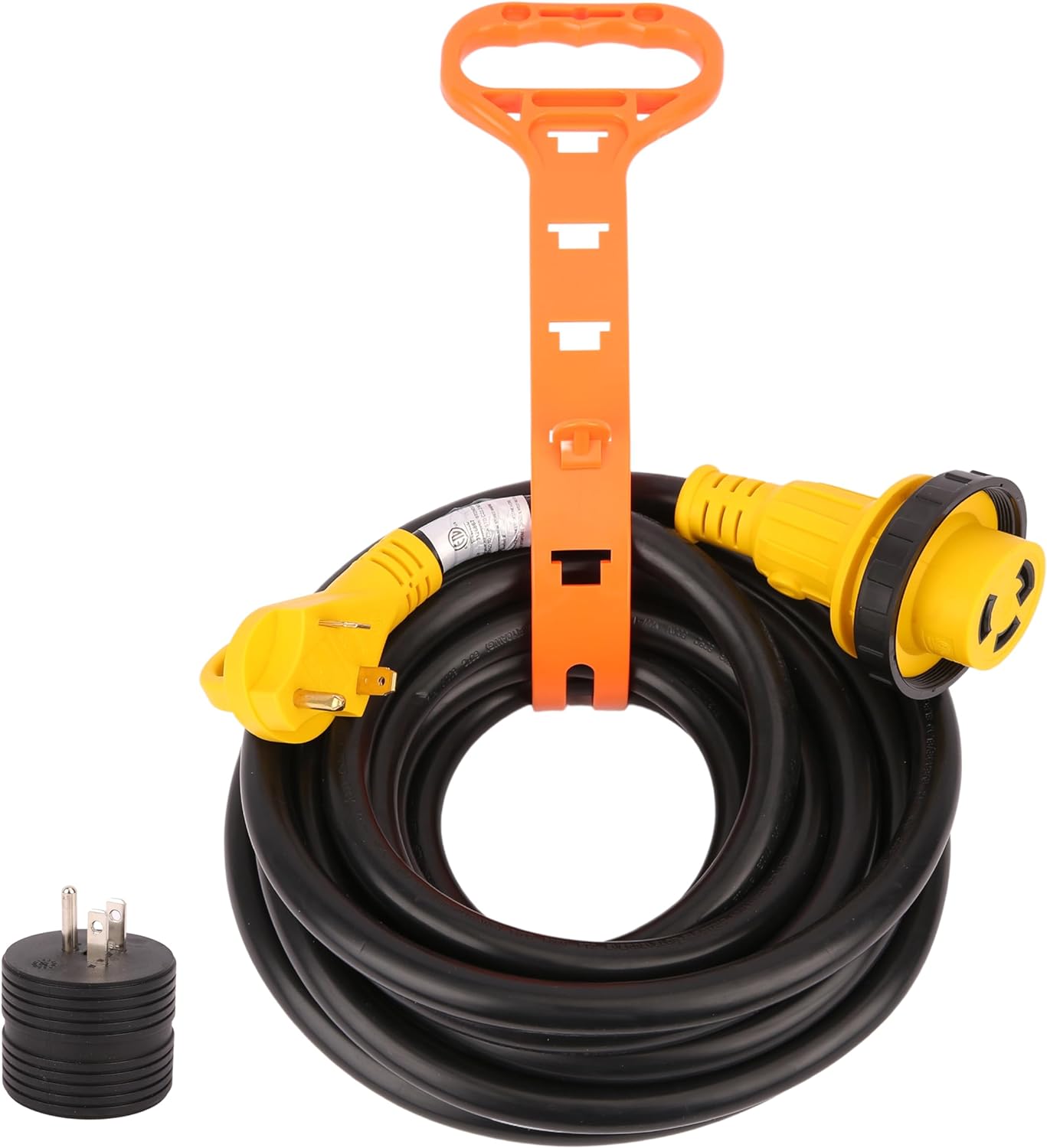 PTR0115 30A 25ft RV Extension Cord L5-30R to TT-30P with 15A to 30A Adapter and Cord Organizer - Case of 4