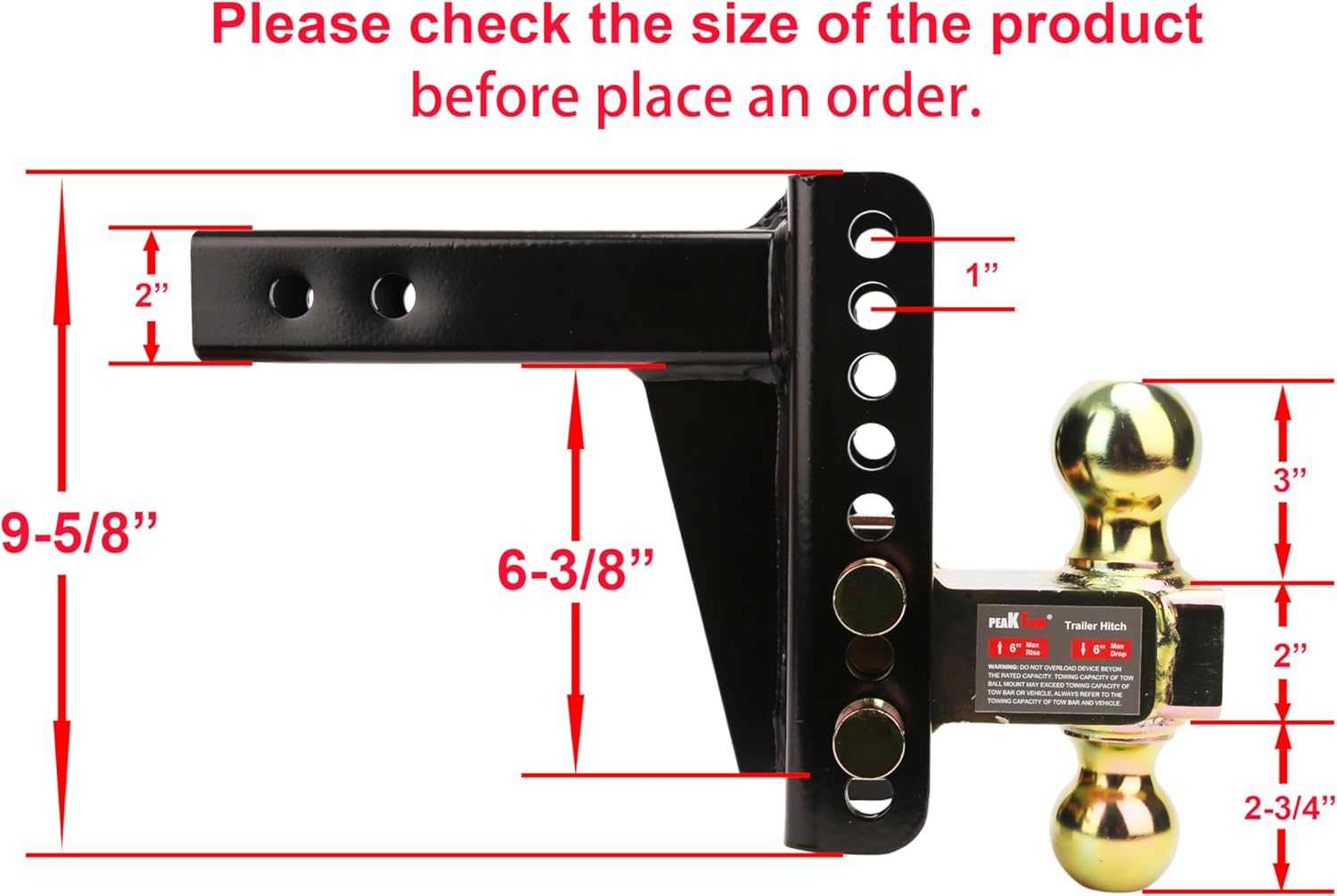 Support de boule d'attelage réglable – Récepteur de 2", doubles boules (2" et 2-5/16"), capacité de 20 000 lbs, déport/élévation de 6", avec cadenas et clés