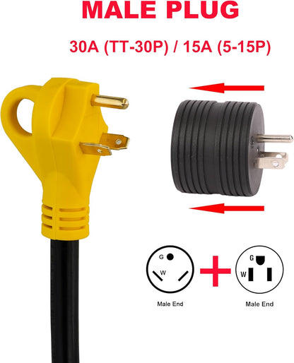 PTR0115 30A 25ft RV Extension Cord L5-30R to TT-30P with 15A to 30A Adapter and Cord Organizer - Case of 4