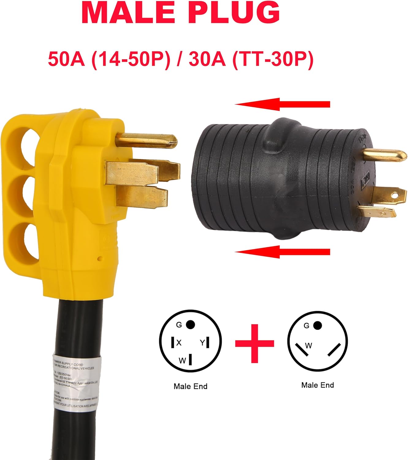 Cordon d'extension 50A pour camping-car et générateur – 7,6 m (25 pieds), NEMA SS2-50R à 14-50P avec adaptateur 30A-50A et organiseur