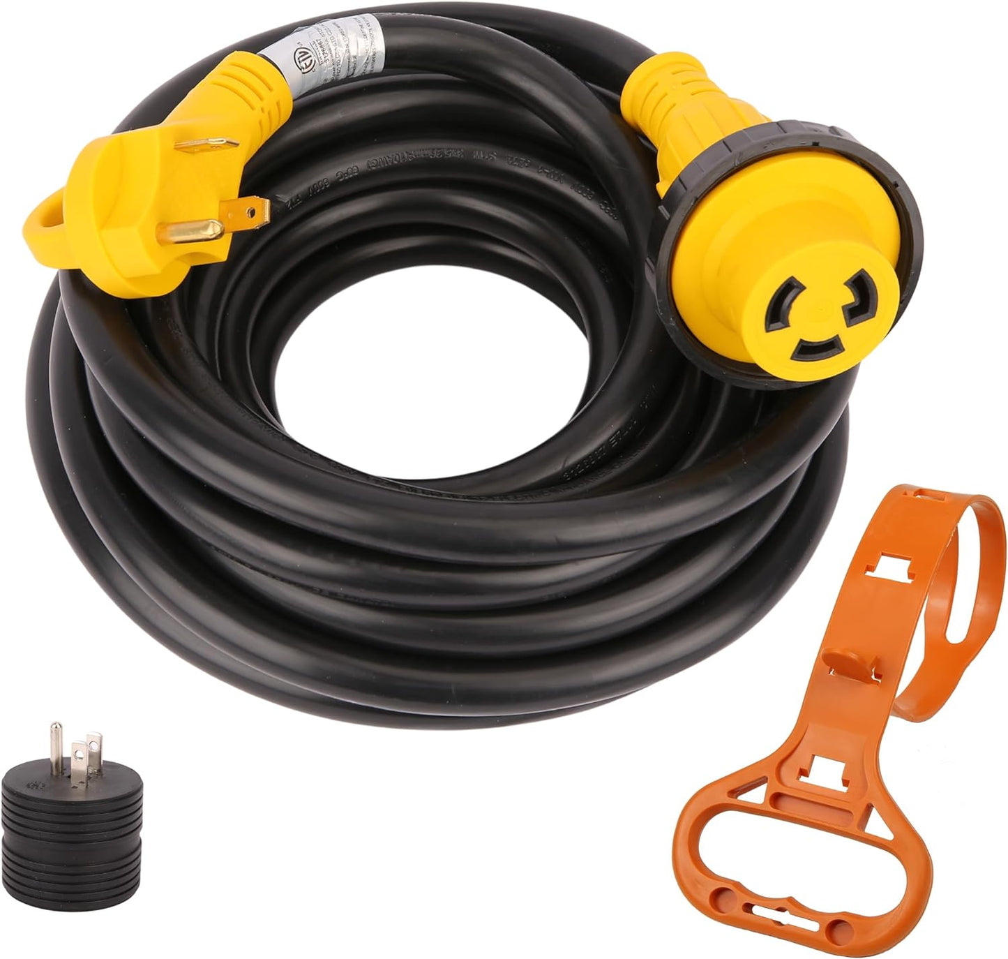 PTR0115 30A 25ft RV Extension Cord L5-30R to TT-30P with 15A to 30A Adapter and Cord Organizer - Case of 4
