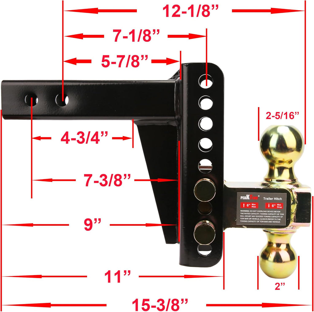 Support de boule d'attelage réglable – Récepteur de 2", doubles boules (2" et 2-5/16"), capacité de 20 000 lbs, déport/élévation de 6", avec cadenas et clés