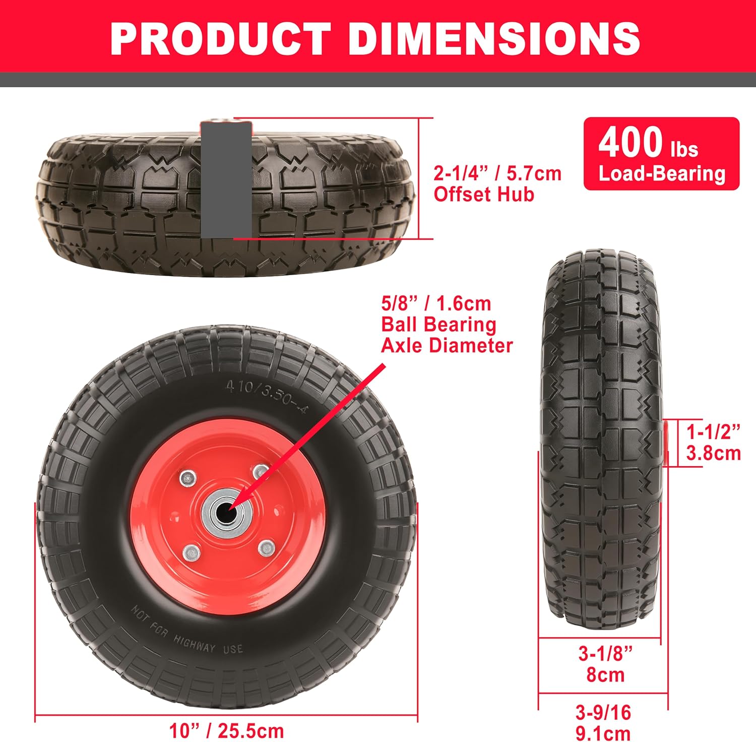 10" Flat Free Solid Tire and Wheel Set 4.10/3.50-4" (Pair)