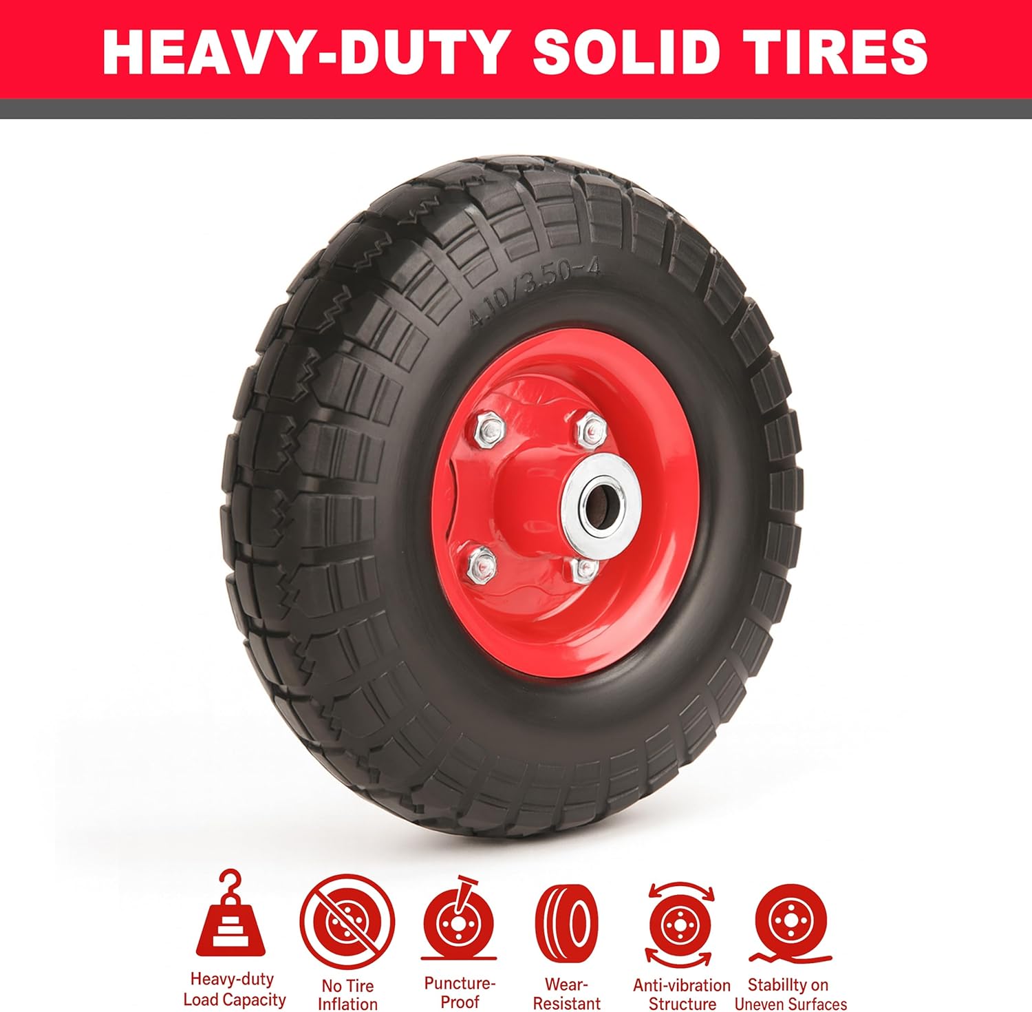 10" Flat Free Solid Tire and Wheel Set 4.10/3.50-4" (Pair)