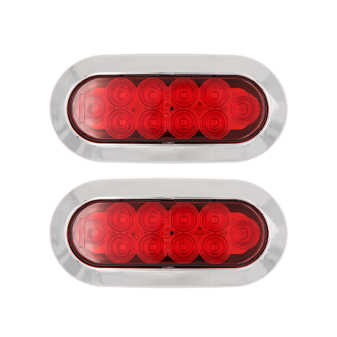 6" Red Oval LED Trailer Lights – Submersible, Chrome Trim (Pair)