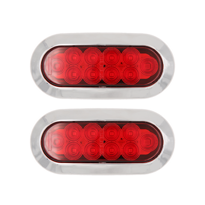 6" Red Oval LED Trailer Lights – Submersible, Chrome Trim (Pair)