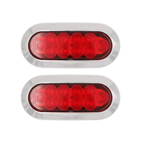 6" Red Oval LED Trailer Lights – Submersible, Chrome Trim (Pair)