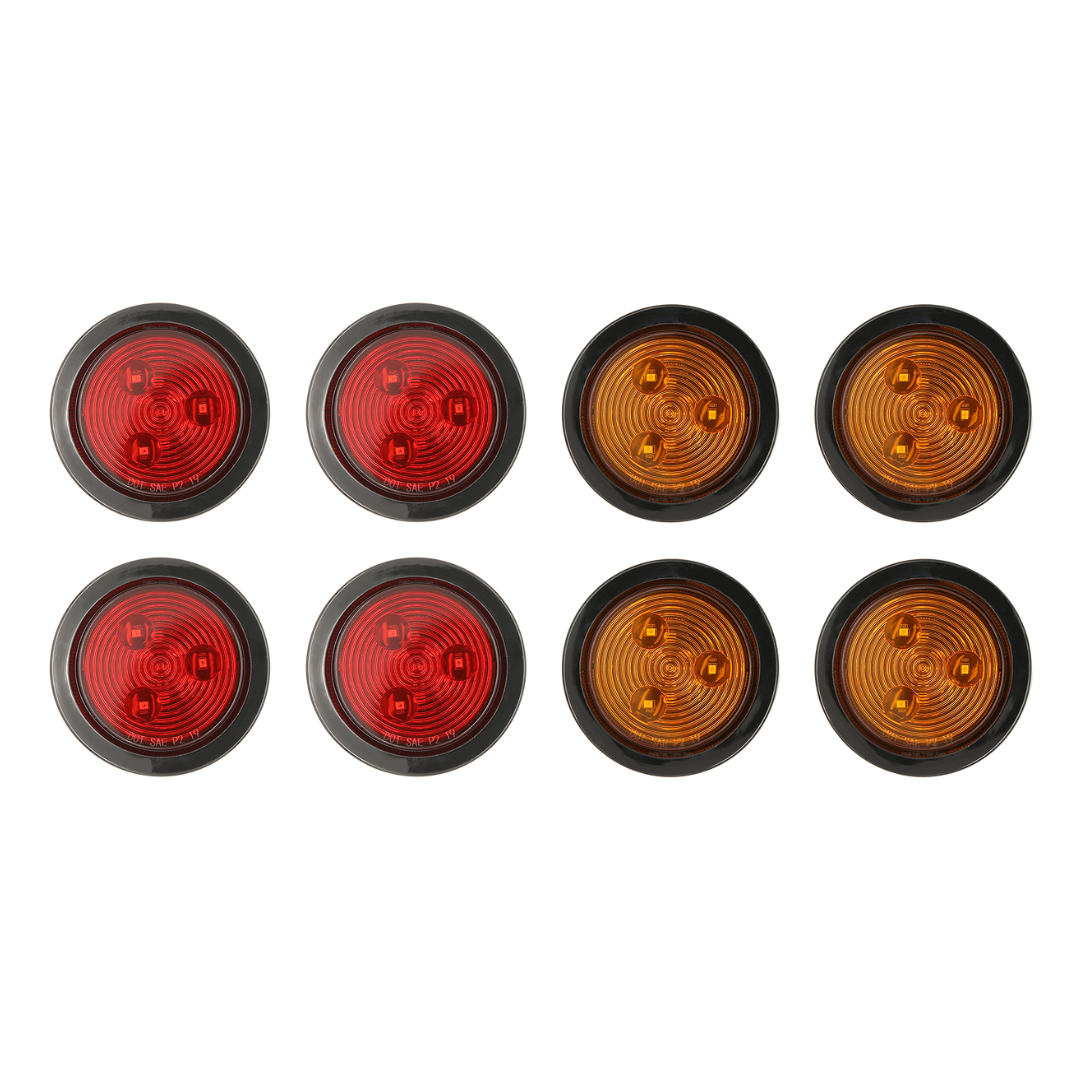 2.5" Red & Amber Round LED Trailer Lights – Submersible, Grommets Mount (4 Red & 4 Amber)