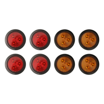 2.5" Red & Amber Round LED Trailer Lights – Submersible, Grommets Mount (4 Red & 4 Amber)