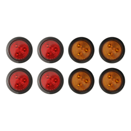2.5" Red & Amber Round LED Trailer Lights – Submersible, Grommets Mount (4 Red & 4 Amber)