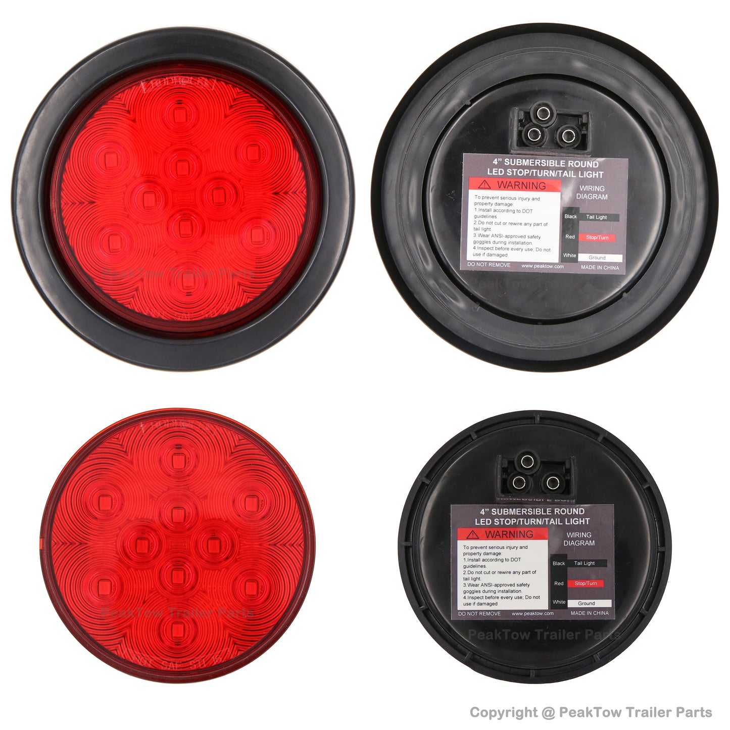 PTL0401 Feux stop/clignotants/arrière submersibles à LED ronds rouges de 4 pouces avec œillets et bouchons - Caisse de 80