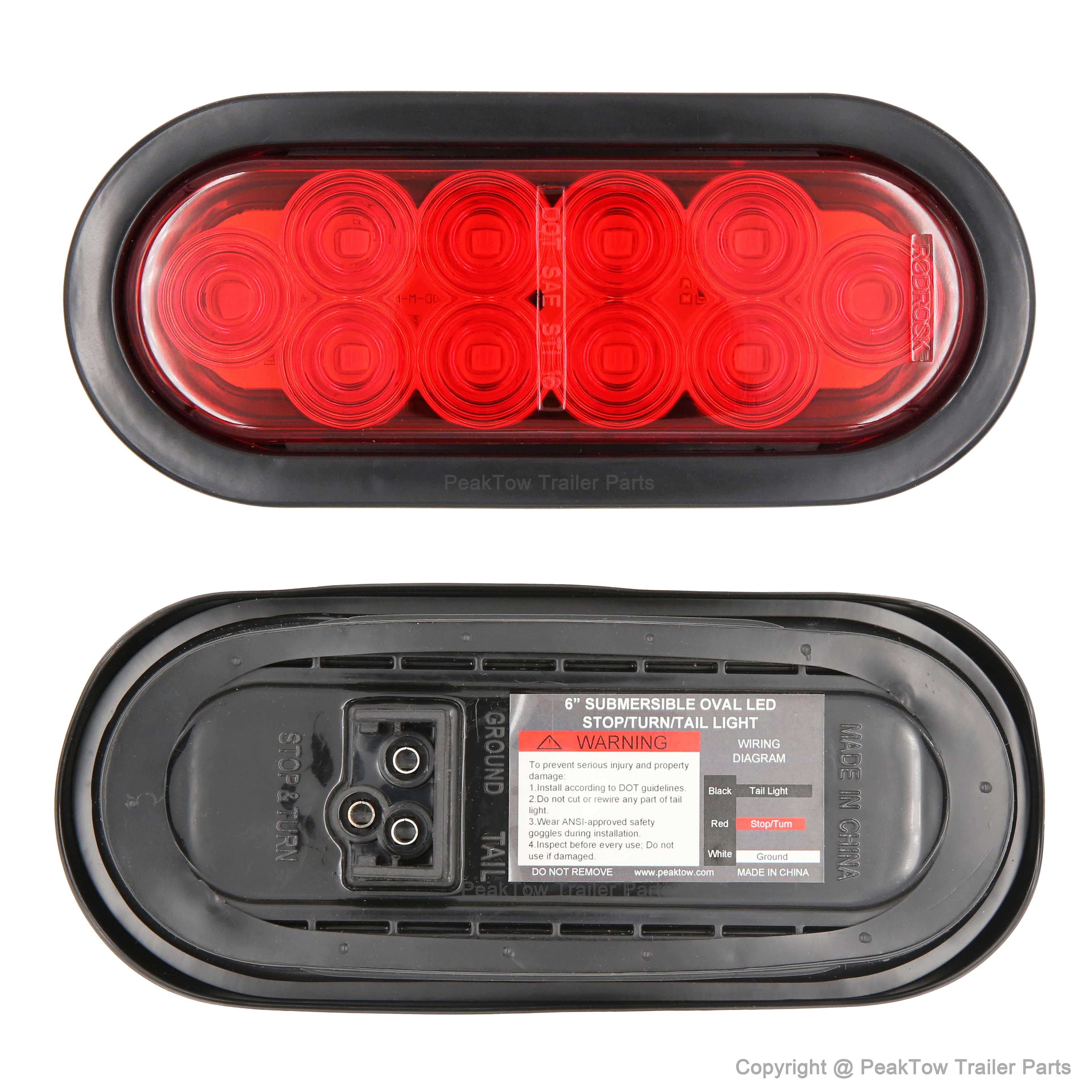 6" Red Oval LED Trailer Lights - Submersible Grommets Mount (Pair)