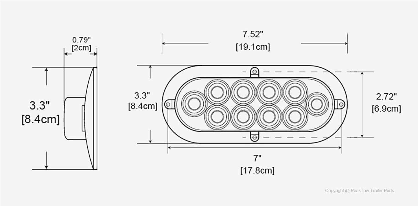 PTL0435 Oval 6 Inches Red LED Submersible Stop/Turn/Tail Trailer Truck RV Lights Surface Mount - Case of 80