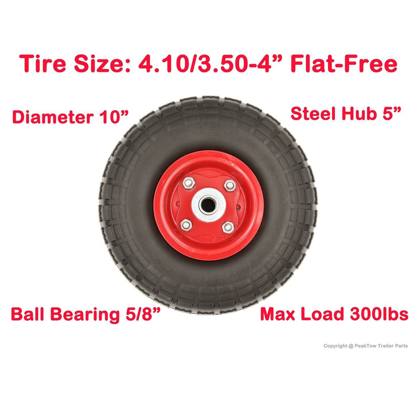 PTR0004 10 Inch Flat Free Solid 4.10/3.50-4" Tire on Wheel for Dolly Handtruck Cart - Case of 12