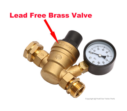 PTR0014 Water Pressure Regulator Valve for RV Camper, Lead-free Adjustable Brass RV Water Pressure Reducer with Gauge and Stainless Screened Filter - case of 16