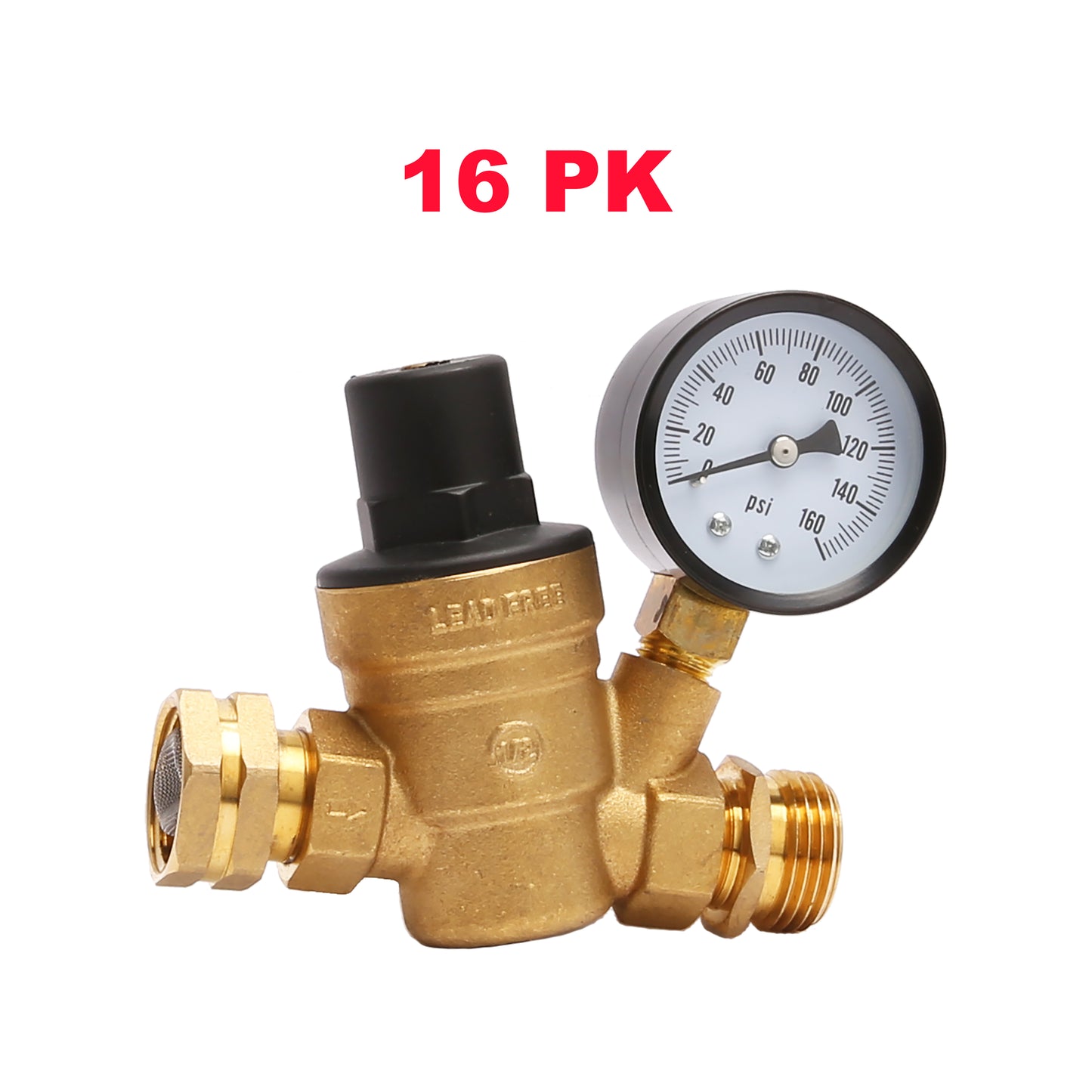PTR0014 Water Pressure Regulator Valve for RV Camper, Lead-free Adjustable Brass RV Water Pressure Reducer with Gauge and Stainless Screened Filter - case of 16