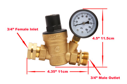 PTR0014 Water Pressure Regulator Valve for RV Camper, Lead-free Adjustable Brass RV Water Pressure Reducer with Gauge and Stainless Screened Filter - case of 16
