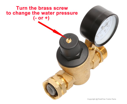 PTR0014 Water Pressure Regulator Valve for RV Camper, Lead-free Adjustable Brass RV Water Pressure Reducer with Gauge and Stainless Screened Filter - case of 16