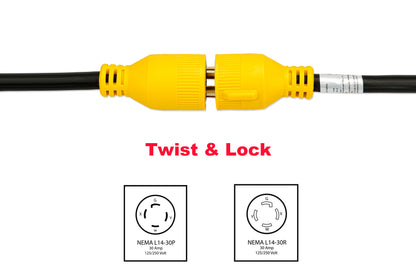 Rallonge d'alimentation PTR0114 30 A 50 pi NEMA L14-30 avec organiseur de cordon - Lot de 2