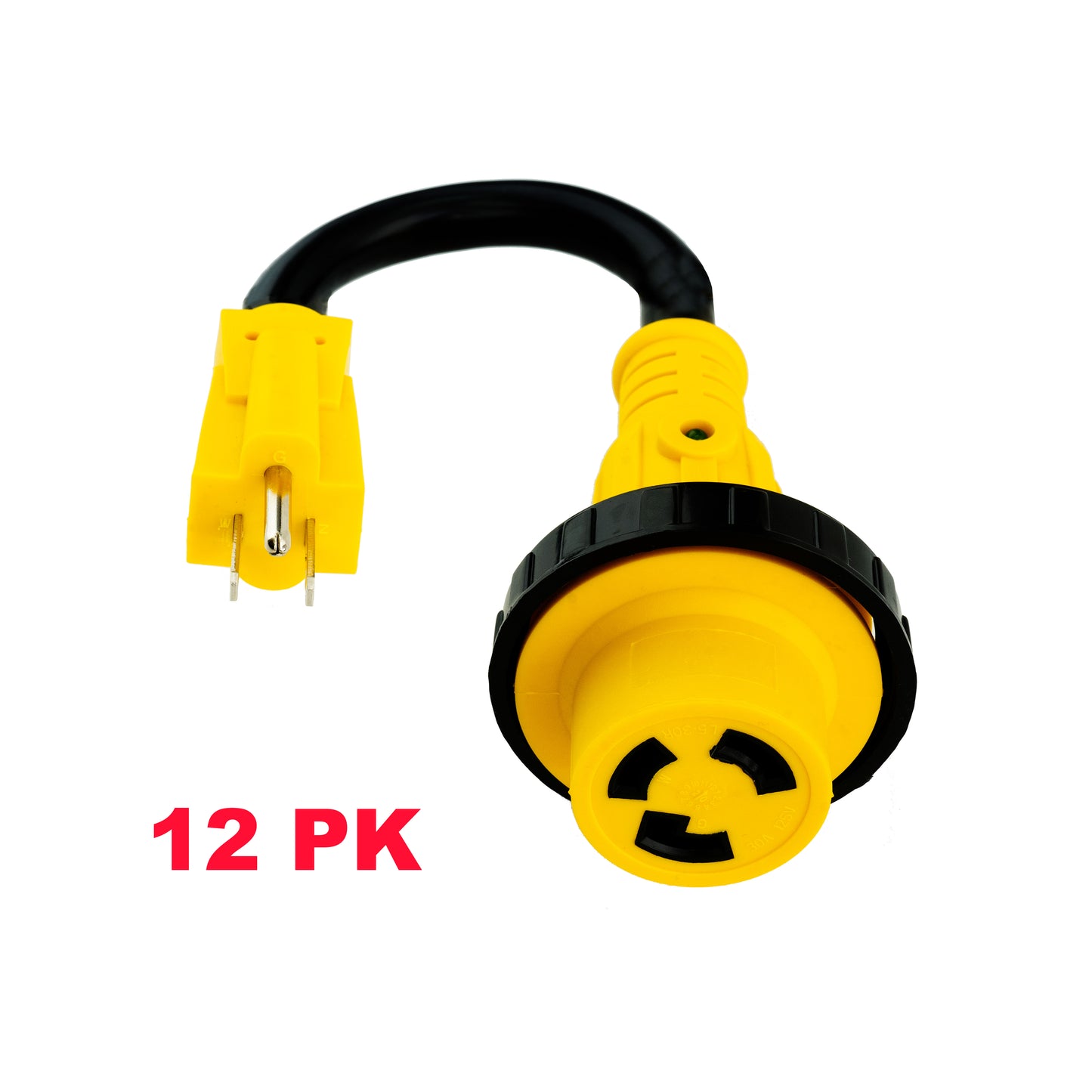 PTR0133 Heavy Duty RV Dogbone Electrical Power Plug Adapter Converter 15 Amp Male to 30 Amp Female with Twist Lock and LED Indicator, 14 Inches - Case of 12