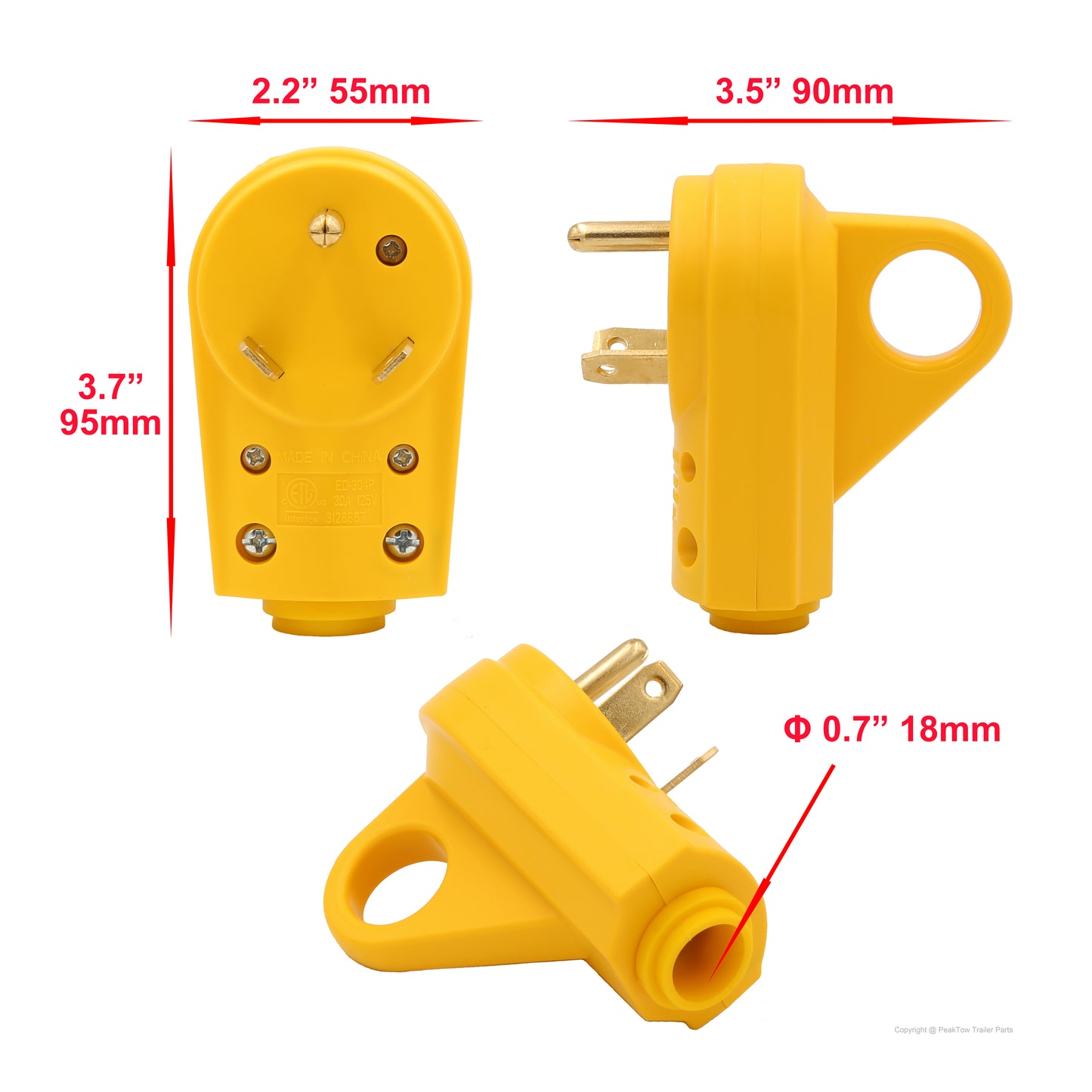 PTR0151 Adaptateur de prise mâle de remplacement robuste 30 A pour camping-car avec poignée ergonomique homologué CETL - Caisse de 100