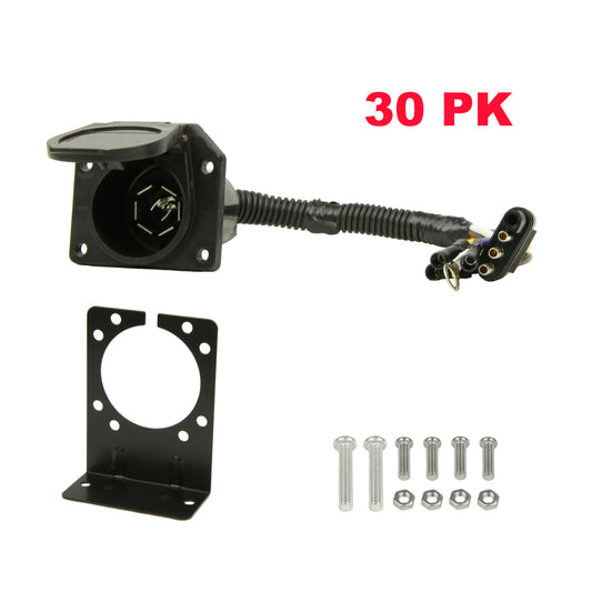 PTT0007 RV Trailer Plug Adapter Connector 4 Way Flat to & Way Round Blade with Mounting Bracket and Hardware - Case of 30