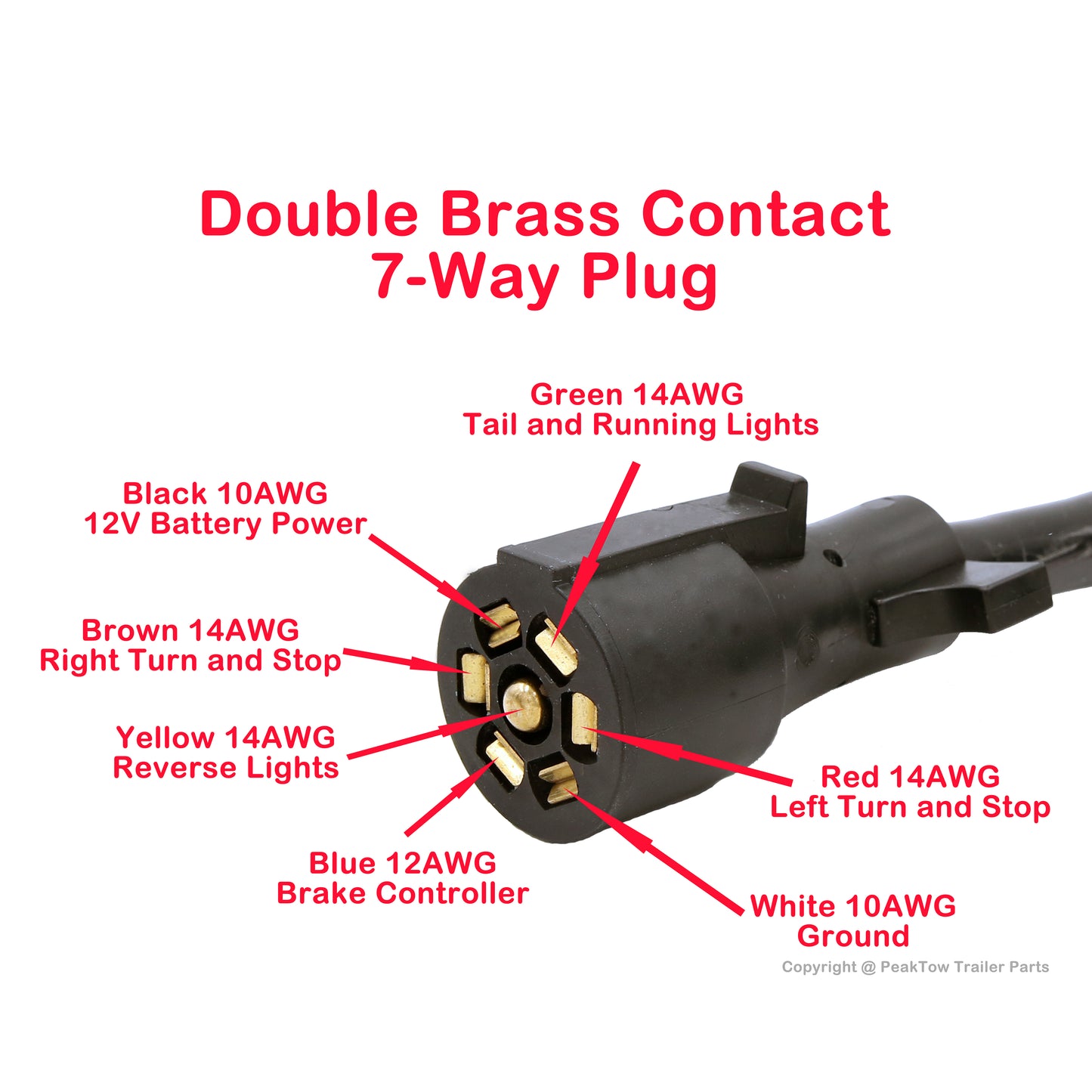 PTT0044 Heavy Duty 7 Pin 8FT Trailer Plug Inline Cord with Double Prongs Connector - Case of 10