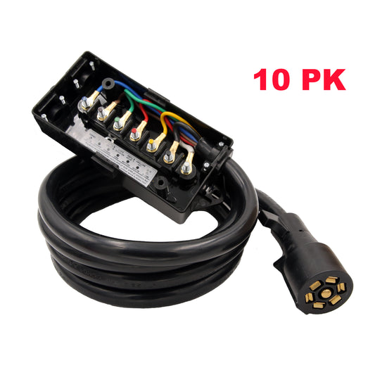 PTT0043 Heavy Duty Weatherproof Corrosion Resistant 7-Way 8ft Trailer Wiring Plug Cord with 7 Gang Wiring Junction Box - case of 10