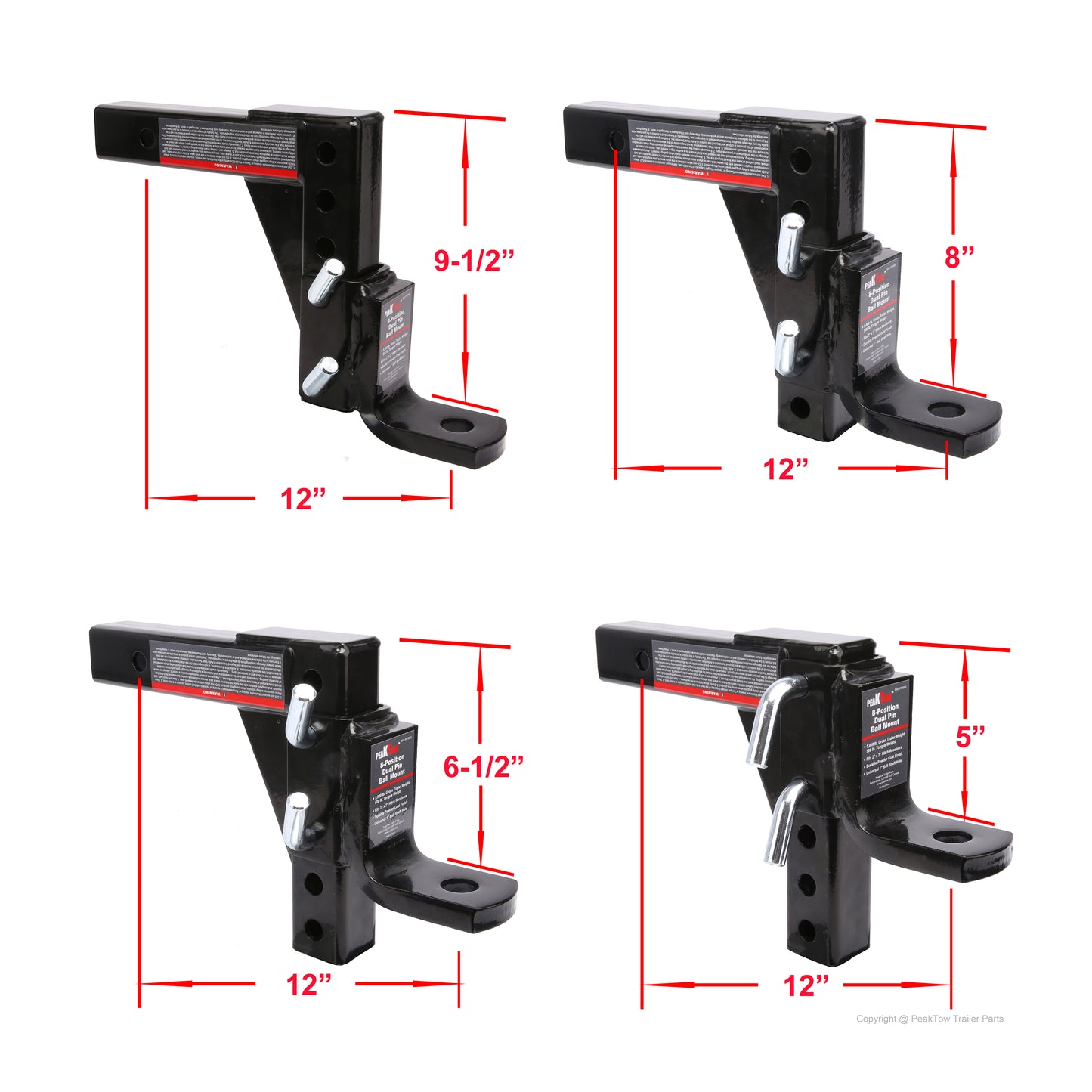 PTT0061 Adjustable 8-Position Trailer Ball Mount Fits 2" Receiver 5000lbs. GTW Capacity - Case of 3