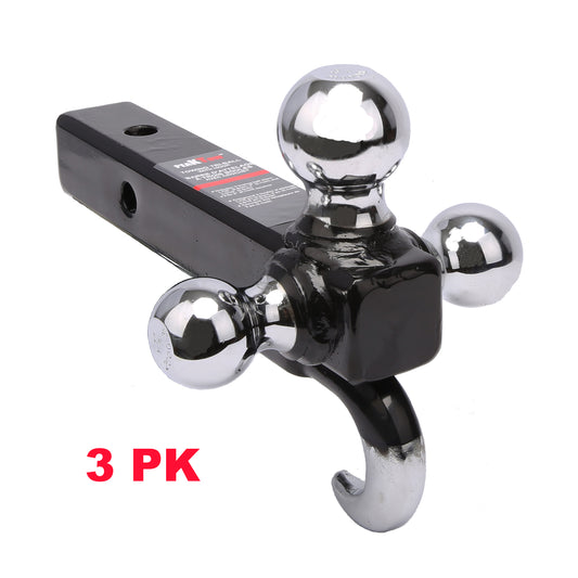 PTT0062 Class III/IV 2 inches Trailer Hitch Triple Ball Mount with Hook, Hollow Shank Tow Hitch, Black & Chrome - Case of 3